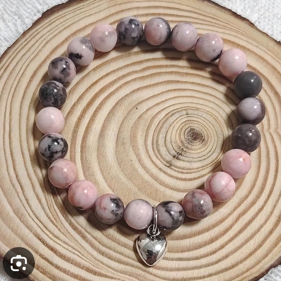 Pink Zebra Jasper Natural Stone Beaded Silver Puffy Heart Stretch Charm Bracelet - Picture 2 of 4